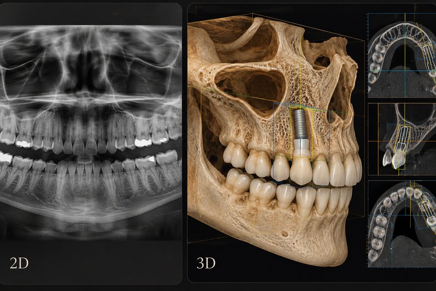 Una radiograf&iacute;a panor&aacute;mica en 2D junto a un TAC 3D del mismo maxilar: en la primera el hueso se ve plano; en el segundo, con su altura, su anchura y los cortes de cada zona